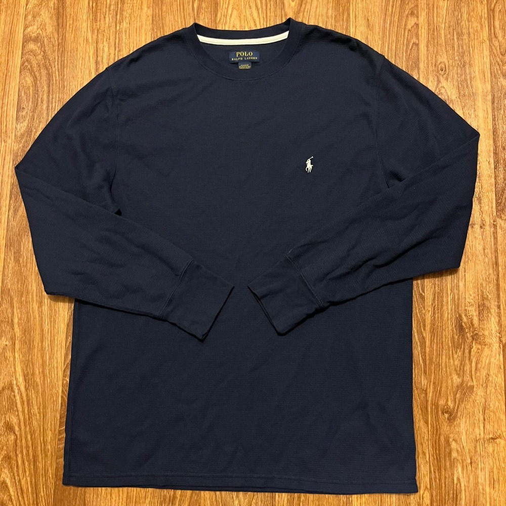 Polo Ralph Lauren Waffle Shirt Navy‎ Blue Knit Long Sleeve